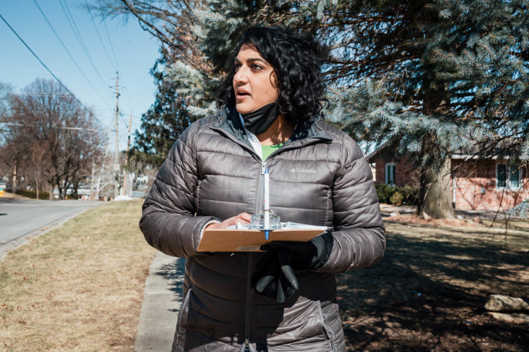 Megan Srinivas walking down a sidewalk